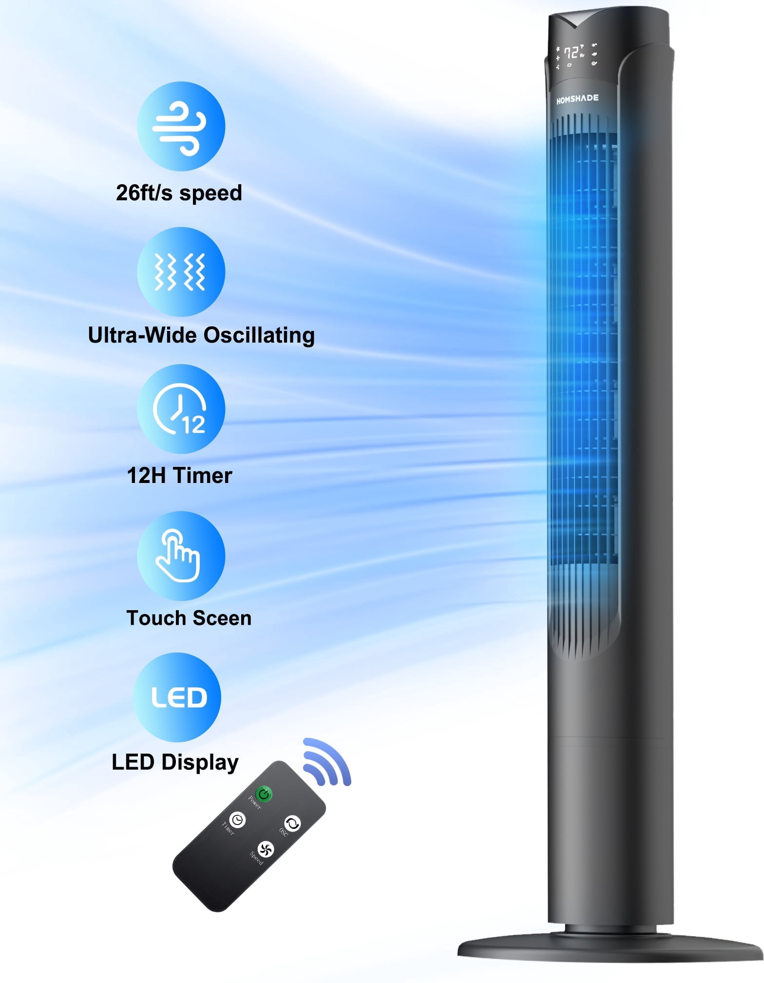 41" Tower Fan, Wide Oscillating Fans with 3 Speeds, 3 Modes, 26 ft/s High Velocity, LED Display with Remote, 12H Timer, for Home,Living Room,Office