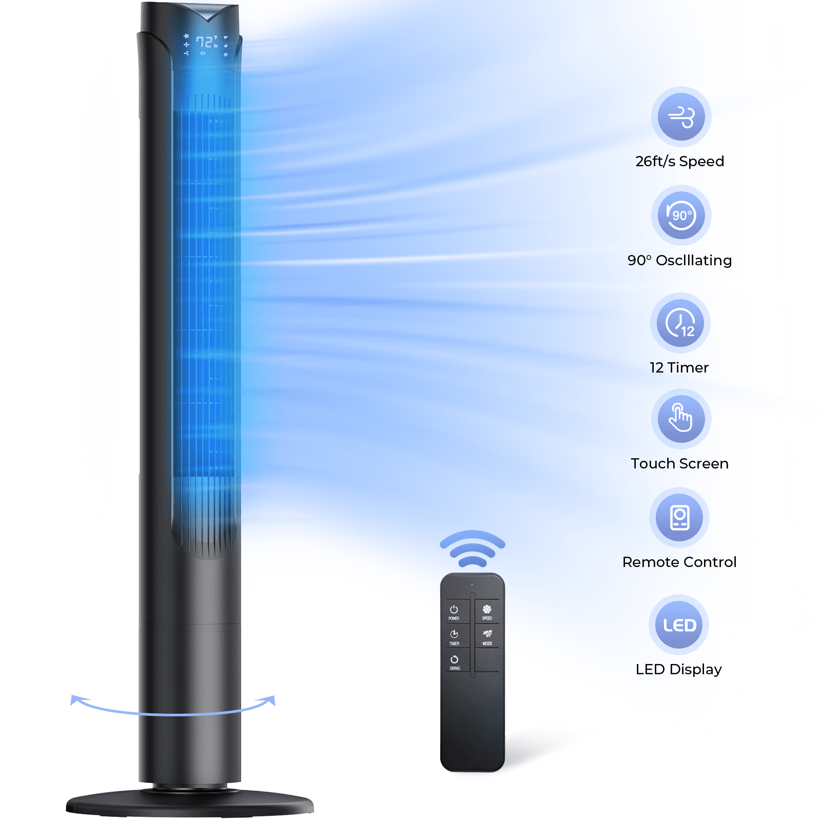 41" Tower Fan, Wide Oscillating Fans with 3 Speeds, 3 Modes, 26 ft/s High Velocity, LED Display with Remote, 12H Timer, for Home,Living Room,Office