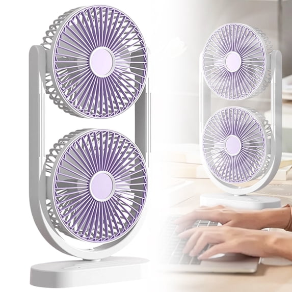 Tower Fan, Dual Head Oscillating Table Fan, USB Desk Fan with 5 Speeds and 360° Rotation, Portable Double Head Personal Cooling Fan, Rechargeable Fan for Bedroom Office Travel Home Use, Purple