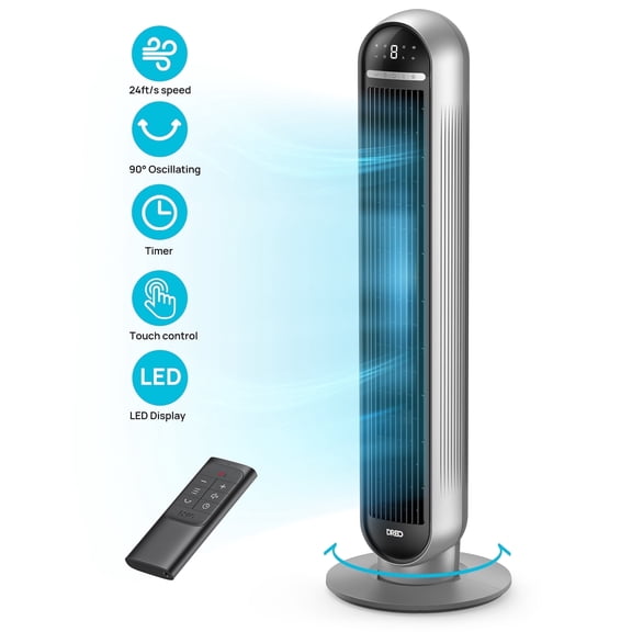 DREO Tower Fan, 36" Floor Fans for Home, 24ft/s Velocity Quiet, 90° Oscillating Fans with Remote, 4 Modes, 4 Speeds, 8H Timer, LED Display Standing Fan, Black Silver