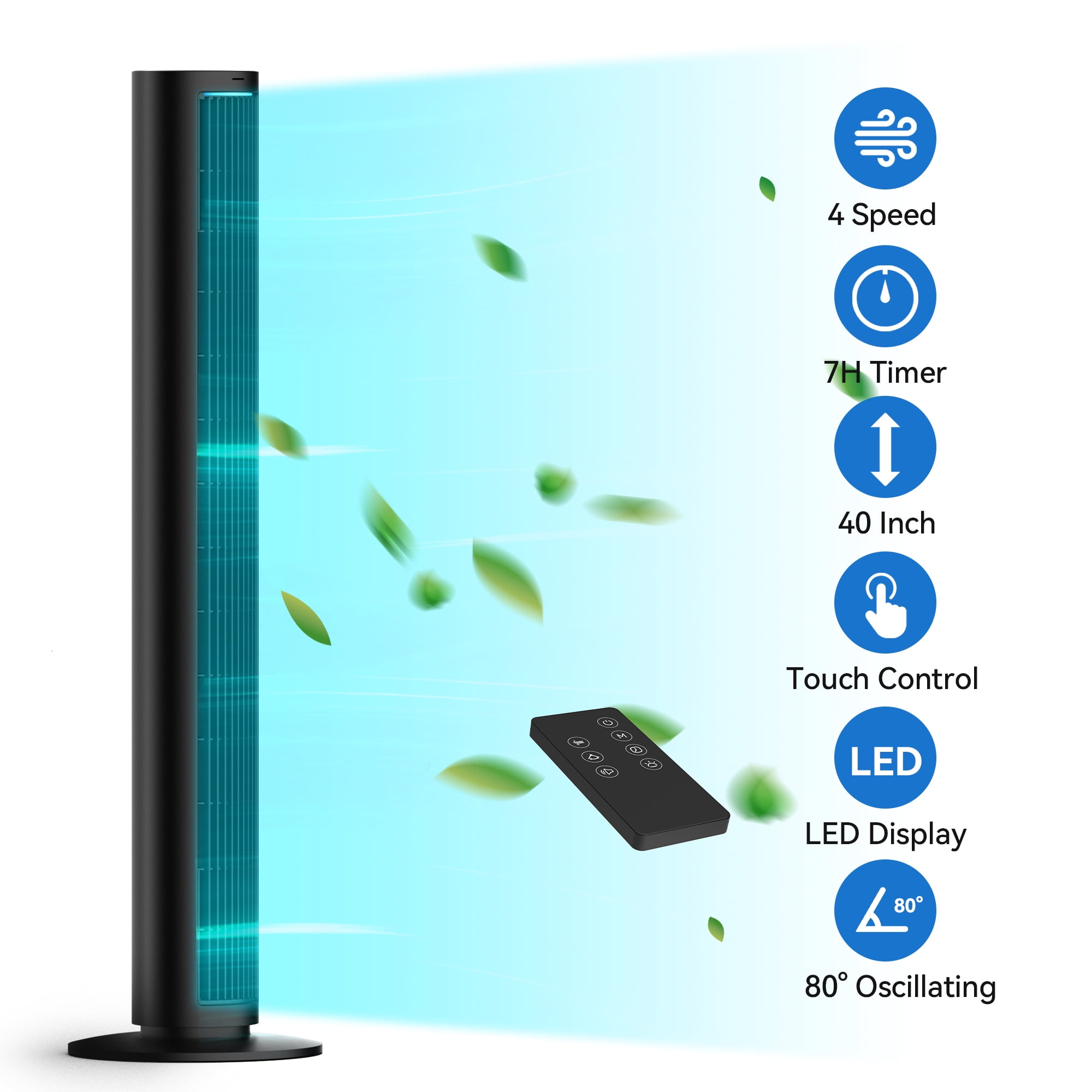 Tower Fan for Home, 80 Oscillating Silent Bladeless Floor Fan with Remote, 4 Speeds, 40 in Multiple Modes, 7-Hour Timer, Led Display Screen, Vertical Fan For Home, Living Room, Office, Black