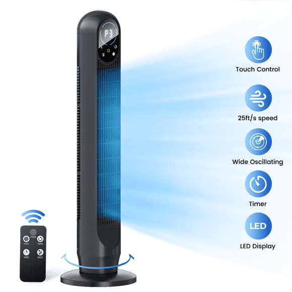 Tower Fan For Home with Remote, 31" Bladeless Floor Fans for Home, 4 Modes & 4 Speeds, 12H Timer, LED Display, Wide Oscillating Wide Cooling for Bedroom, Office