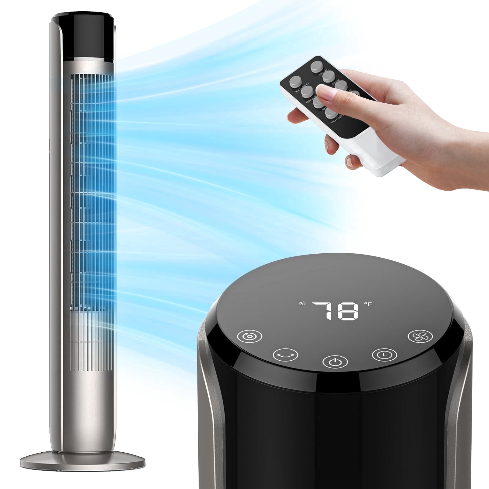 Tower Fan for Home, 36" Standing Floor Fan with Remote, Bladeless Fan Cold Air Quiet, 5 Speeds, 4 Modes, LED Display, Gray
