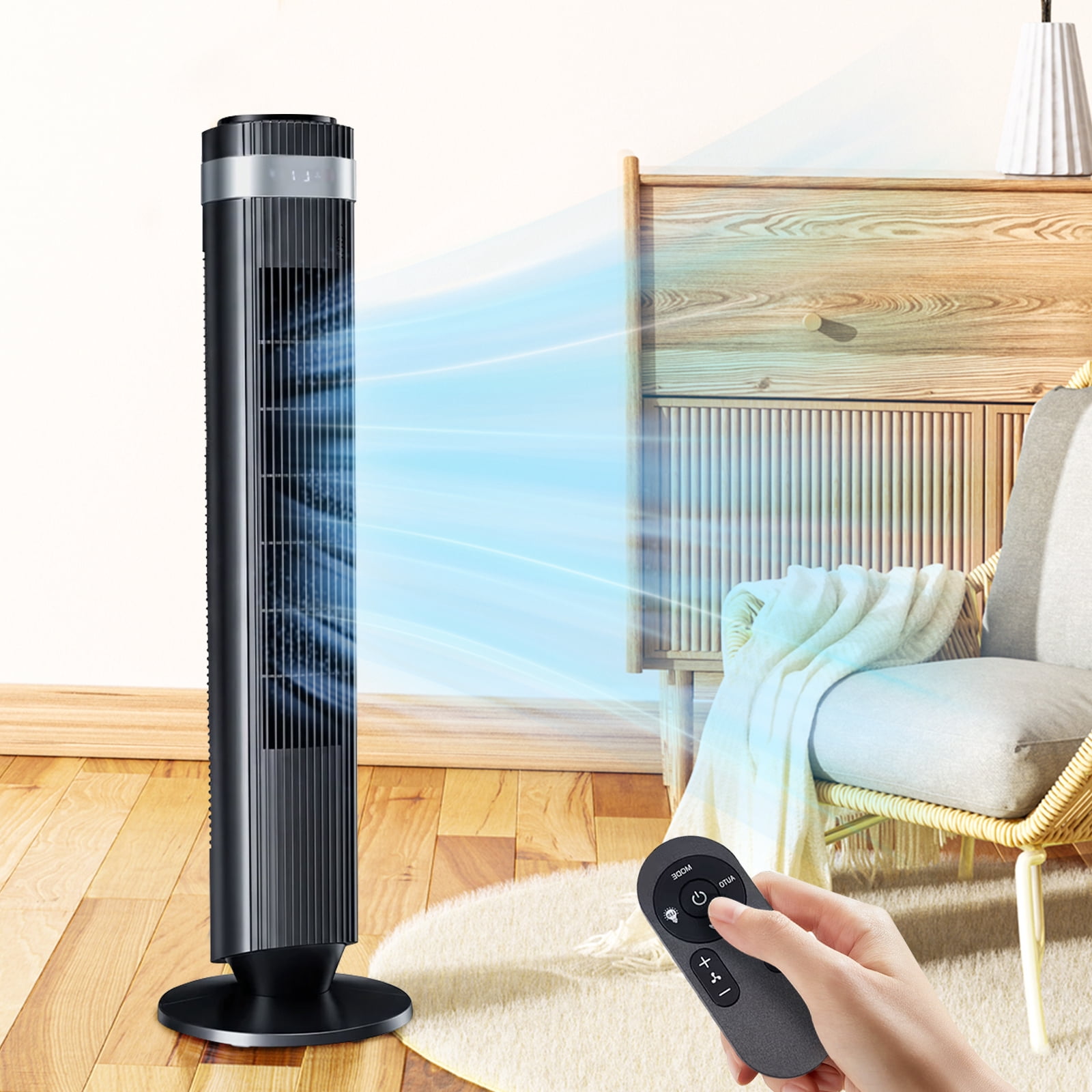 Tower Fan for Home, 64° swivel Standing Floor Fan with Remote, Bladeless Fan Cold Air Quiet, 5 Speeds, 4 Modes, LED Display, Black