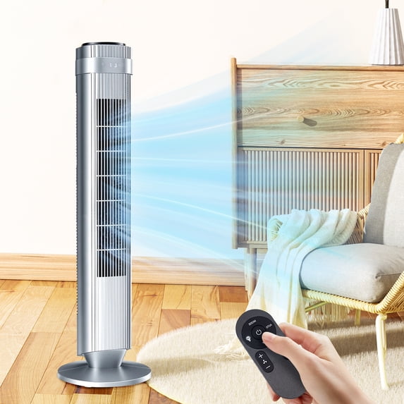 Tower Fan for Home, 64° swivel Standing Floor Fan with Remote, Bladeless Fan Cold Air Quiet, 5 Speeds, 4 Modes, LED Display, Sliver
