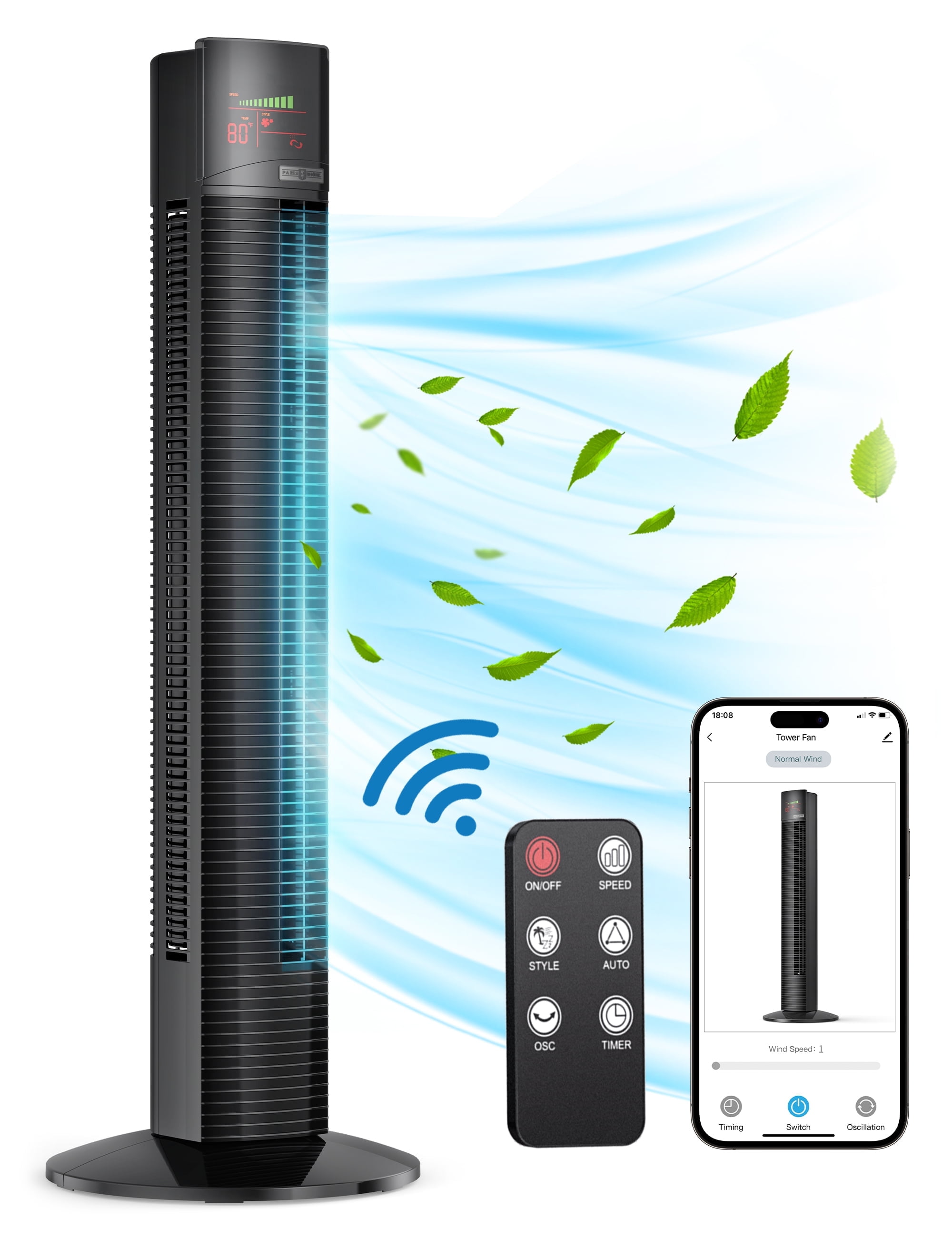 Tower Fans, 36" Standing Floor Fan with Remote/APP, 70° Oscillating Fan for Home, 24 ft/s High Velocity, LED Display, 3 Speeds, 4 Modes, 12H Timer, Quiet Bedroom Fan