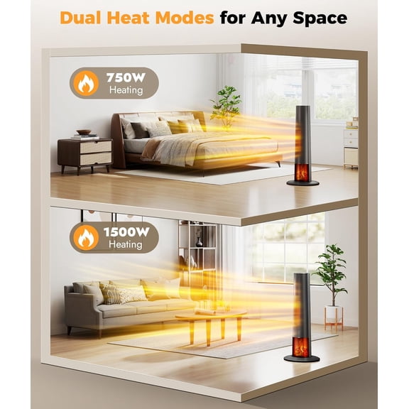 Tower for Indoor Use - 25" Portable Space with 3D Flame, Remote, Adjustable Thermostat, 2 Heat Modes, Multiple Safety , 12H Timer, Quiet Electric for Large Room