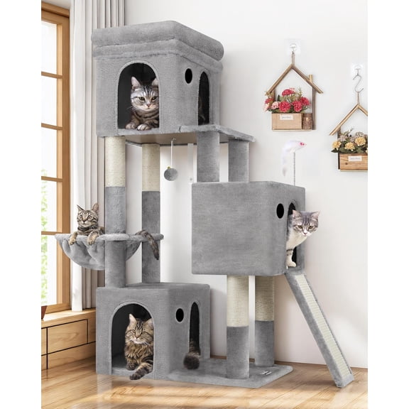 Tower for Multiple Indoor Cats, 52 inch Heavy Duty Tree with 3 Condos, Plush Condo with Scratch Posts and Pad for Adult Cats Kitten, Padded Perch, Basket Bed, F52B, Light Grey