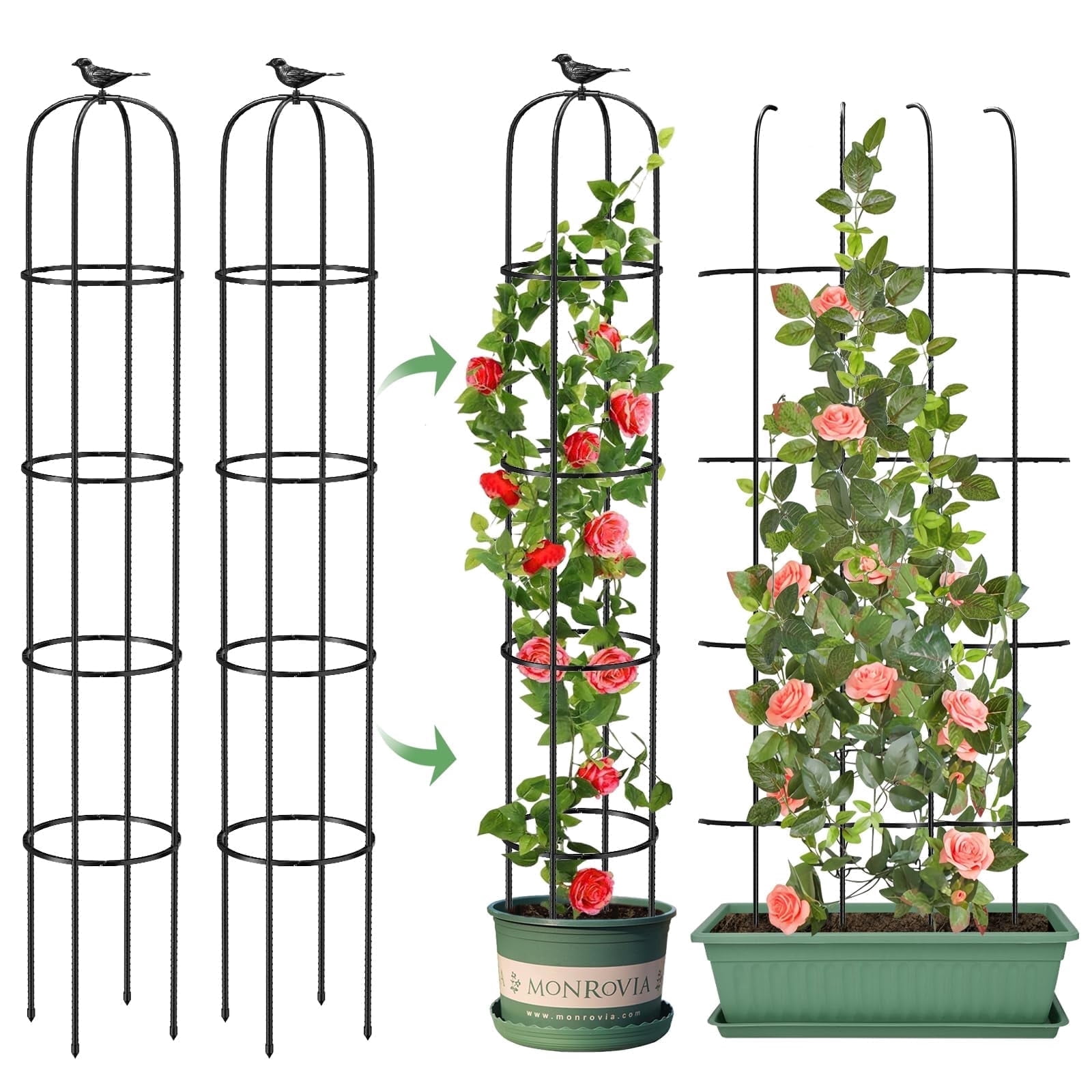2Pcs Tower Obelisk Garden Trellis for Climbing Plant，73.6inch Rustproof Metal Potted Plant Climbing Support for Indoor Outdoor Flowers Vegetable Fruits Vines Support（2Pcs）