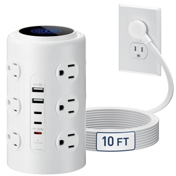Tower Power Strip With 1 Dedicated Pd 20w Fast-charging Port 12 Outlets 5 Usb Ports (3 Usb-c) 1800j Protector Desk Charging Station For Multiple Devices 10ft Extension Cord Home Office