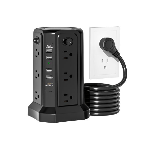 Tower Power Strip: 12 AC Outlets, 4 USB-A, 20W USB-C PD. Desk-Mount, Anti-Slip Base. Efficient Charging for Home & Office