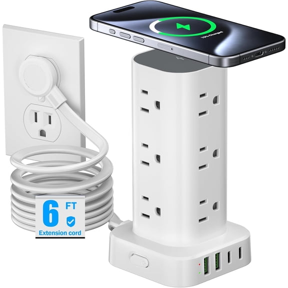Tower Power Strip with 15W , 6FT Flat Plug Extension Cord with Multiple Outlets, 12 AC Outlets, 4 Ports (2 C) Station Surge Protector for Office Dorm Room (White)