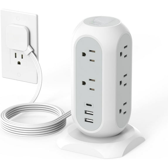 Tower Power Strip Flat Plug with 11 Outlets 3 USB (1 USB C),  Surge Protector Tower 1625W/13A,1050J Protection, 6 Feet Extension Cord with Multiple Outlets, Office Desk Supplies, Dorm Essentials