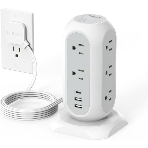 Tower Power Strip Flat Plug with 11 Outlets 3 USB (1 USB C), Surge Protector Tower 1625W/13A,1050J Protection, 6 Feet Extension Cord with Multiple Outlets, Office Desk Supplies, Dorm Essentials