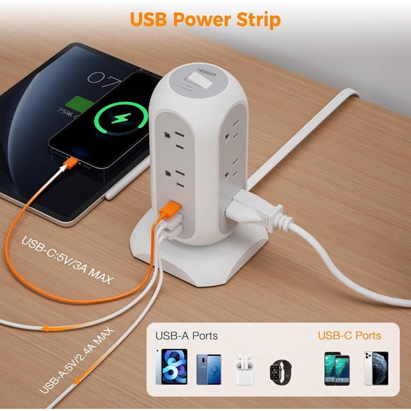 Tower Power Strip Flat Plug with USB C Ports, Long Flat Extension Cord with Multiple Outlets, Charging Station with Surge Protection, Office Desk Supplies, Dorm Essentials