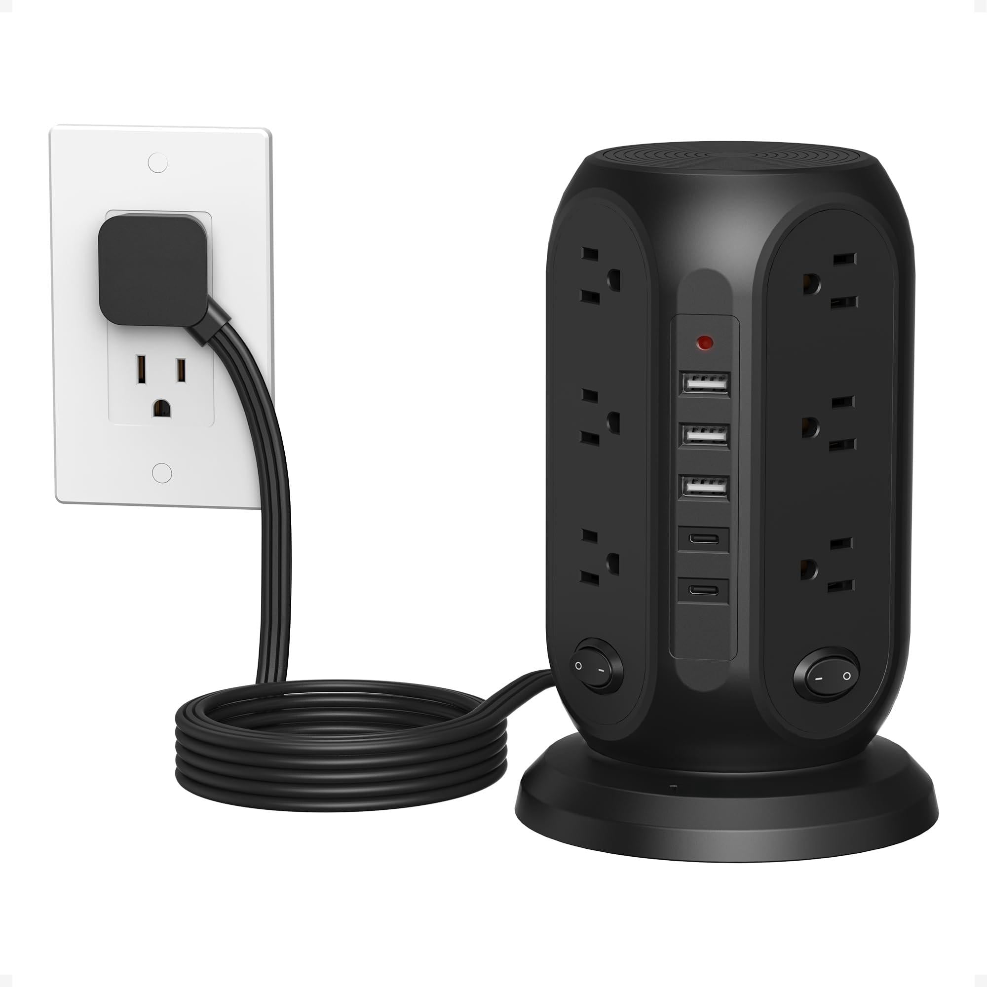 Tower Power Strip With Individual Switches  Surge Protector 12 Outlets 5 Usb Ports(2 C) Flat Extension Cord 10 Ft 1250w Charging Station For Multiple Devices Office Dorm Black