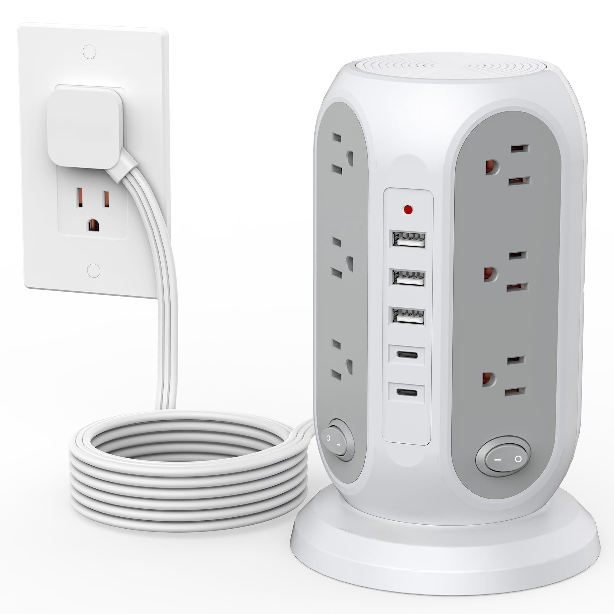Tower Power Strip With Individual Switches  Surge Protector 12 Outlets 5 Usb Ports(2 C) Flat Extension Cord 10 Ft 1250w Charging Station For Multiple Devices Office Dorm Grey