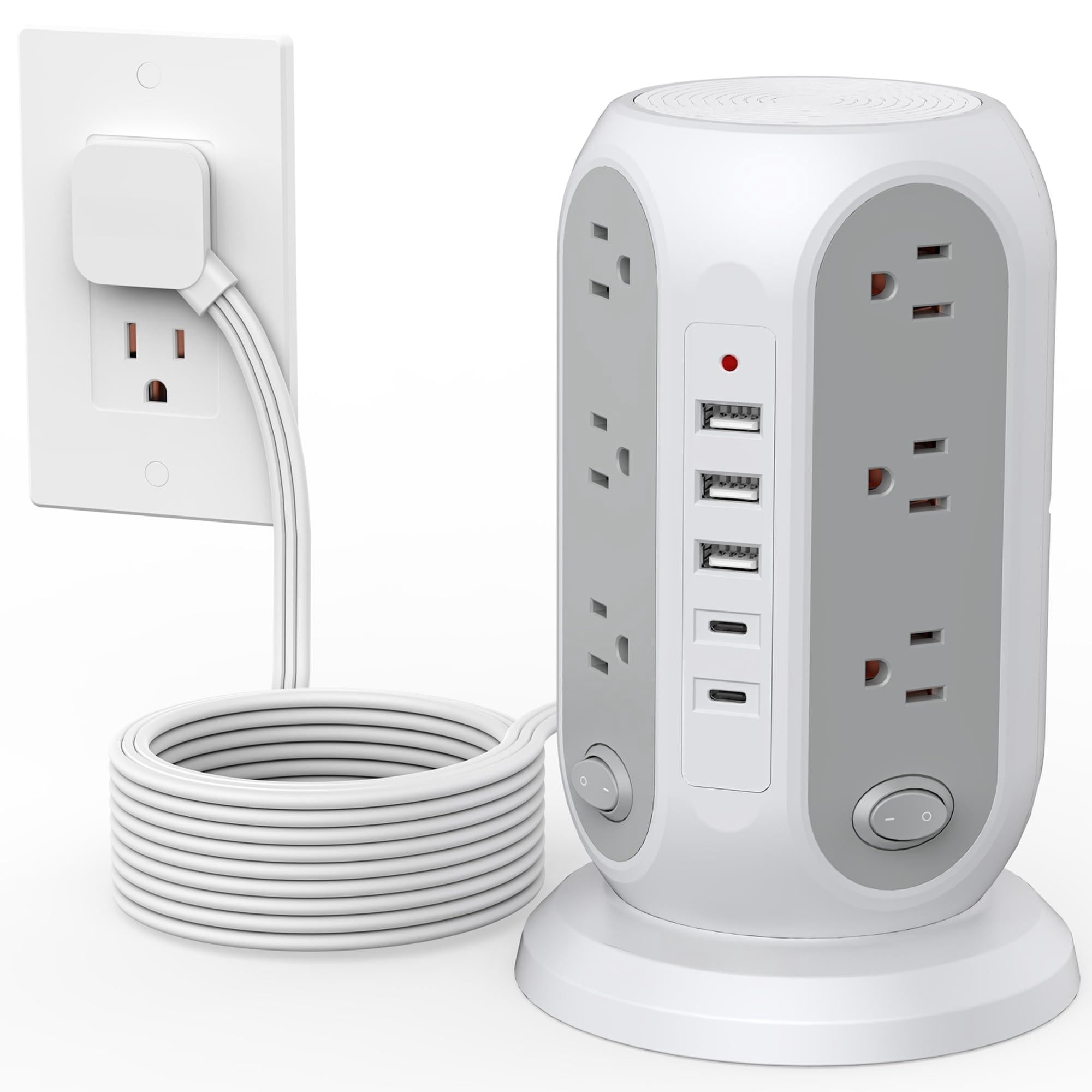 Tower Power Strip With Individual Switches  Surge Protector 12 Outlets 5 Usb Ports(2 C) Flat Extension Cord 15 Ft 1250w Charging Station For Multiple Devices Office Dorm Grey