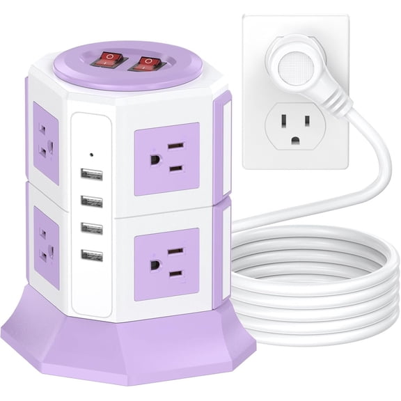 Tower Power Strip with Surge Protection | 8 AC Outlets + 4 USB Ports | 16AWG/ 6.5 Ft Extension Cord with Multiple Outlets | Space-Saving Design for Office & (1625W, 1050J)