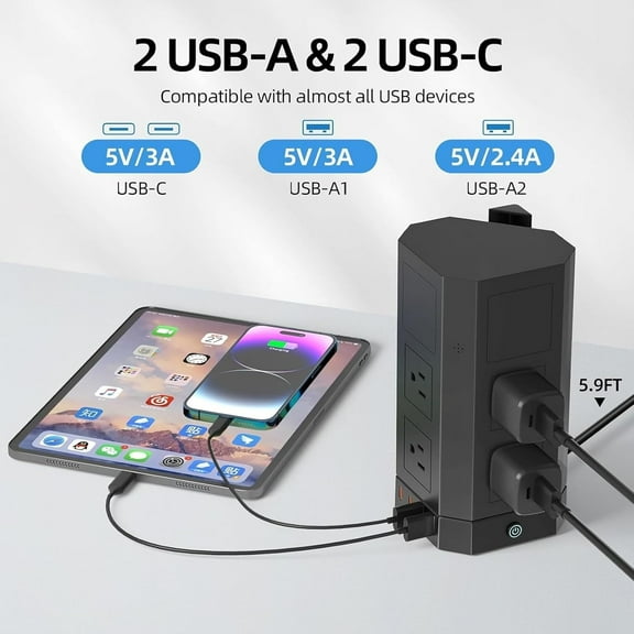 Tower Power Strip with Surge Protection & Hidden WiFi Spy Camera, 6 Outlets, 3 USB Ports, Black, Multi-Functional Security & Charging Station for Home & Office