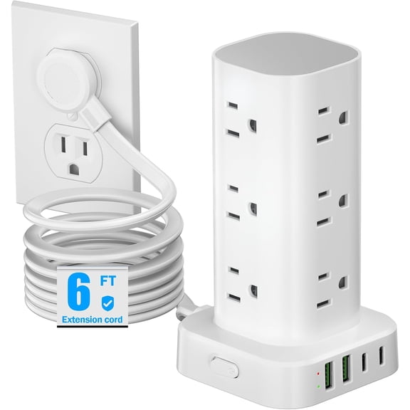 Tower s with Surge Protection, 6FT Flat Extension Cord with Multiple Outlets, 12 AC 4 USB Ports, Overload Protection Charging Station for Office Home Dorm Room Travel (White)