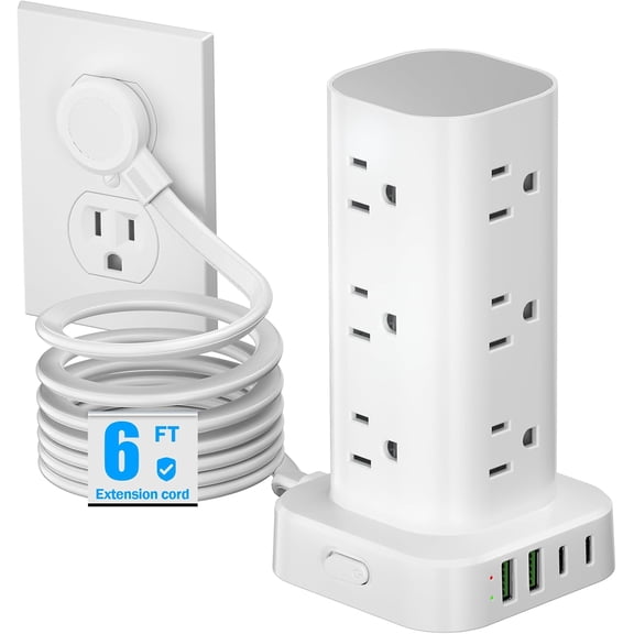 Tower Power Strips with Surge Protection, 6FT Flat Extension Cord with Multiple Outlets, 12 AC 4 Ports, Overload Protection Station for Office Dorm Room Travel (White)