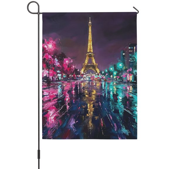 Tower Rain Street Garden Flags For Outdoor, Modern Urban Black Gold Pink Green City Landscape Small Double Side Yard Flags Weather Proof Garden Decor for Lawn Outside Holiday 12 x 18 Inches