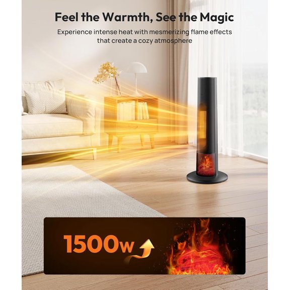 Tower Space with 3D Flame Effect, Electric Fireplace for Large Room, Portable Tower Heaters for Office Bedroom, Thermostat, Tip-over , Oscillation, Black