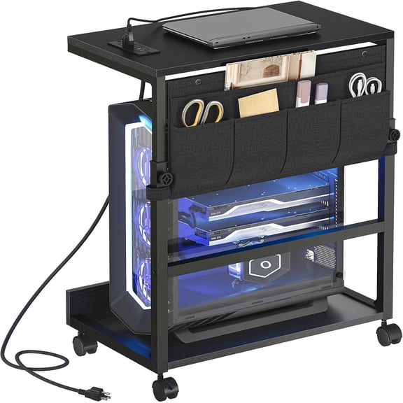 Tower Stand with Charge Station and USB Port, 2-Tier PC CPU Holder Cart for Floor Carpet with Wheels, Adjustable Height, Rolling PC Printer Desktop Under Desk for Office,Black BB72UCJ01