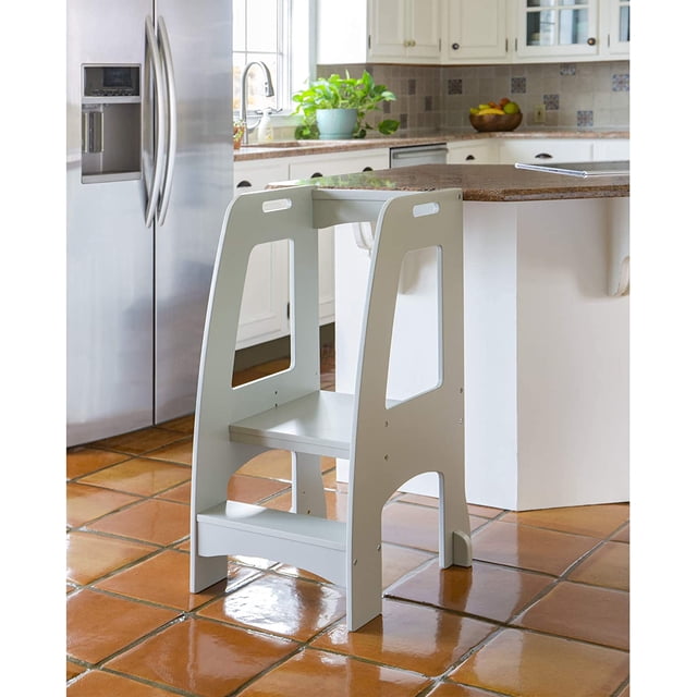 Tower Step-Up - Gray ' Wooden Adjustable Counter Height Step Stool with Safety Handrails for ...
