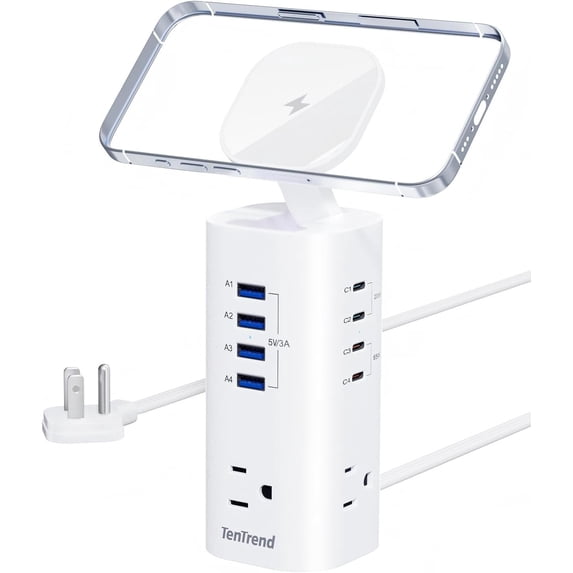 Tower Surge Protector, 115W Fast Charging Station with 3AC Outlets & 8 USB Ports (4 USB-C), 5FT Extension Cord Flat Plug for Home, Office, Dorm Room