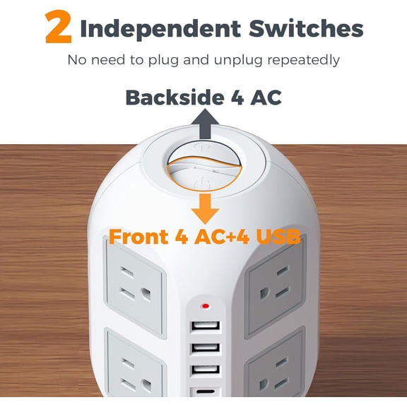 Tower Surge Protector Power Strip 10 ft, Long Flat Extension Cord with Multiple Outlets, 8 AC Outlets 4 USB Ports (1 C), Charging Station Protection, for Home Office Dorm