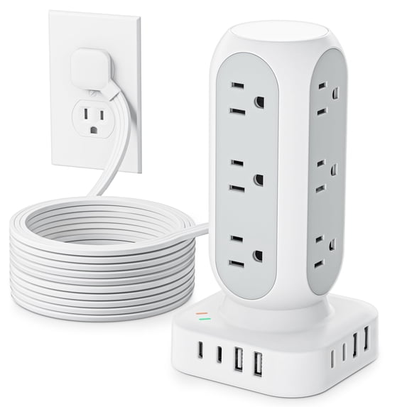 Tower Surge Protector Power Strip 10ft Extension Cord With Multiple Outlets Flat Plug Outlet Extender 12 Ac & 8 Usb Ports 24w Total Charging Station For Home Office Dorm Room