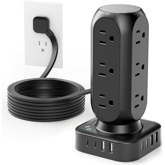 Tower Surge Protector Power Strip, 12 AC Outlets with 8 USB Ports, 24W Fast Charging, 5 FT Flat Plug Extension Cord, Overload Protection, Vertical Outlet Extender for Home Office