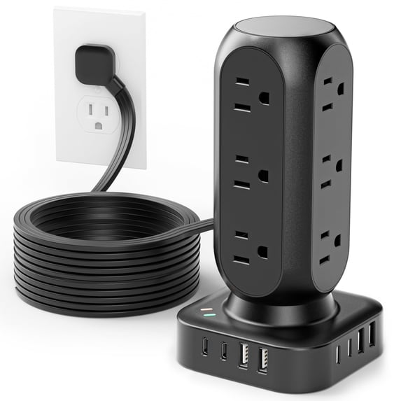 Tower Surge Protector Power Strip Flat Plug 10ft Extension Cord With Multiple Outlets 12 Ac & 8 Usb Ports 24w Outlet Extender Overload Protection For Home Office Room