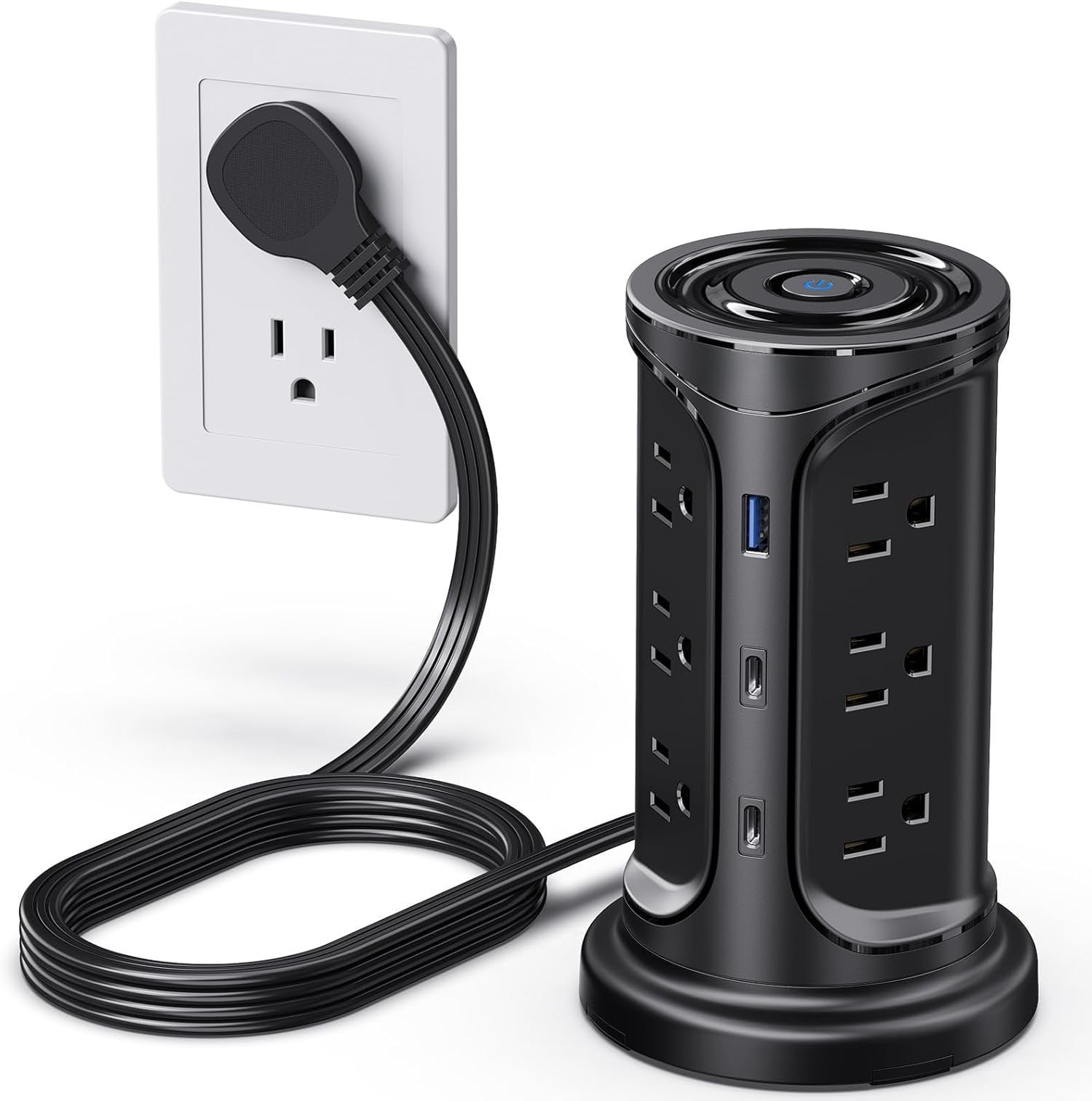 Tower Surge Protector Power Strip Flat Plug with 12 AC Outlets 3 USB Ports(2 Type C), 6.5 FT Ultra Flat Extension Cord with Multiple Outlets, Outlet Extender with Screw Wall Mount for  Office Dorm