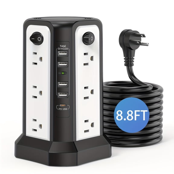Tower Surge Protector Power Strip, Upgrade Version 8.8ft Extension Cord with 12 AC Outlets 5 USB Charging Ports Surge Protection for Home Office DormRoom Gray for Business for Factory