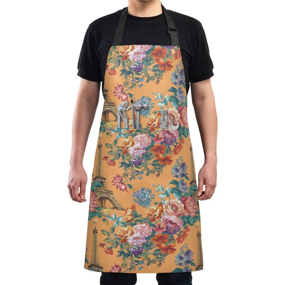 Tower and Flowers Kitchen Apron with 2 Pockets Adjustable waterproof Cooking Aprons for Women Men Chef