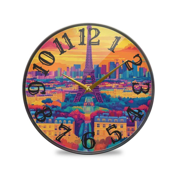 Tower and Houses Wall Clock 10 Inch Silent Non Ticking Battery Operated Easy to Read for Kitchen Living Room
