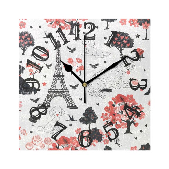Tower and Trees Dogs Wall Clock Square Silent Non Ticking Battery Operated Clock for Home Bathroom Kitchen Bedroom Living Room