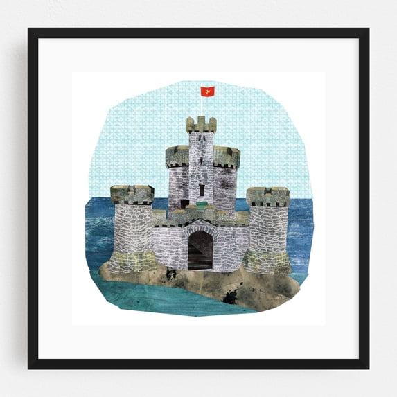 Tower of refuge - Isle of Man Collage Architecture Fantasy Watercolor Seascape Illustration Black Framed Wall Art Print 8 x 8 inches