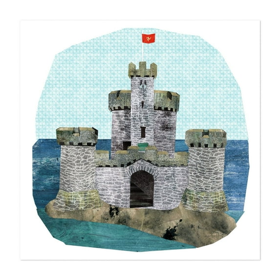 Tower of refuge - Isle of Man Collage Architecture Fantasy Watercolor Seascape Illustration Unframed Wall Art Print 18 x 18 inches