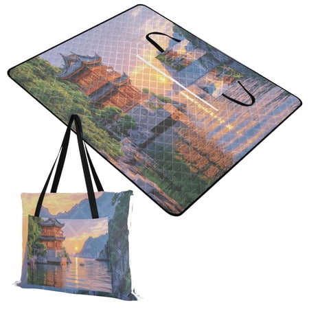 Tower on Riverside Extra Large Picnic Beach Blanket Waterproof Sand Proof Portable Outdoor Mat 60x80
