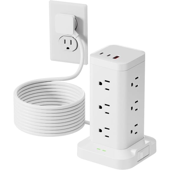 Tower with Surge Protector 1800J, Fast Charging Tower PD20W USB-C Ports with 12 AC Outlets, 10ft Extension Cord for Home Office Dorm Room, White
