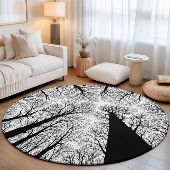 Towering Tree Trunks 3' Round Rug for Bathroom Accent Bedside Corner, Minimalist Nature Silhouette Blank White Sky Washable Non Slip Soft Circle Area Rug for Small Spaces Entryway