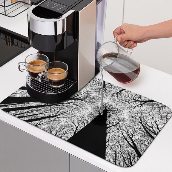 Towering Tree Trunks Dish Drying Mats for Kitchen Counter, Minimalist Nature Silhouette Blank White Sky Absorbent Coffee Bar Mat with Non-slip Rubber Backed Quick Drying Dish Rack Pad 12"x16"