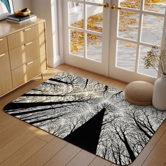 Towering Tree Trunks Front Door Mat Indoor Entrance, Minimalist Nature Silhouette Blank White Sky Absorbent Dirt Resist Welcome Mats Non-Slip Low-Profile Doormat Washable Entry Rug Indoor 17x30 Inch