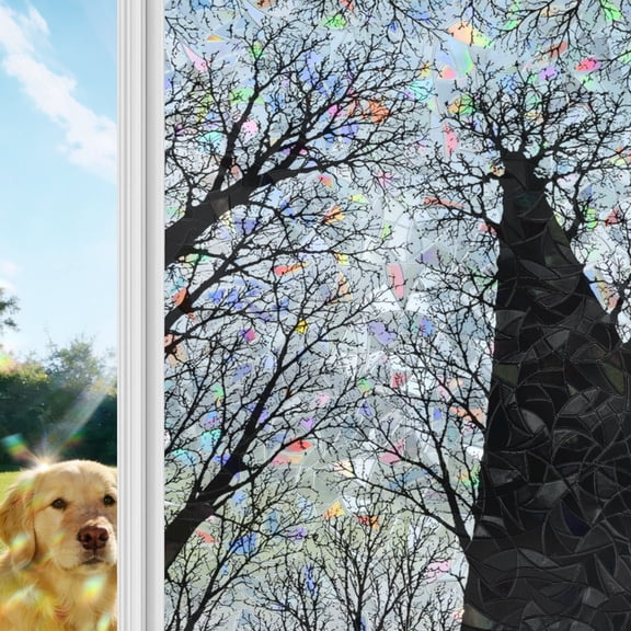 Towering Tree Trunks Rainbow Window Privacy Film, Minimalist Nature Silhouette Blank White Sky Stained Glass Window Film, Sun Blocking Glass Clings Non Adhesive Door Stickers 17.7 x 39.3 Inches