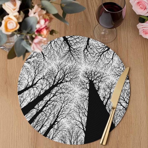 Towering Tree Trunks Round Braided Placemats Set of 1, Minimalist Nature Silhouette Blank White Sky Heat Insulation Place Mats Washable Non-Slip Table Mats for Kitchen Dining Party, 13 Inches