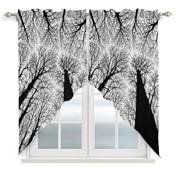 Towering Tree Trunks Swag Curtain Valance for Windows, Minimalist Nature Silhouette Blank White Sky Window Treatments Short Swag Topper for Kitchen Windows Bathroom Bedroom, 36"x63"